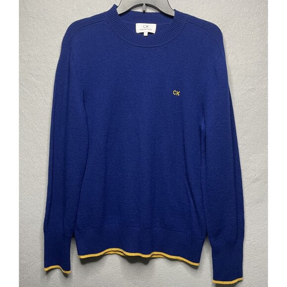 Calvin Klein Blue & Yellow Trim Merino Wool Cashmere Blend Crewneck Sweater L - Picture 1 of 8